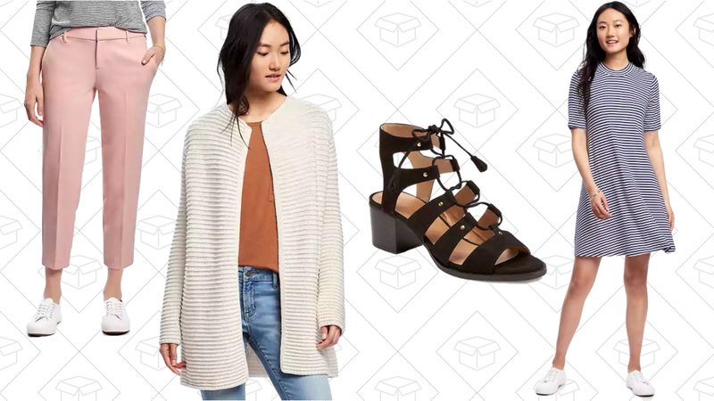 Mid-Rise All-New Harper Pants, $19 | Textured Cardi-Coat, $19 | Sueded Gladiator Heeled Sandals, $22 | Mock-Neck Rib-Knit Swing Dress, $18
